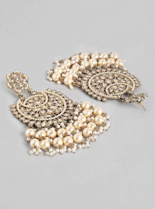 Rubans 22K Gold Plated Kundan Studded Handcrafted Long Chandbali with Cream-Colored Pearls