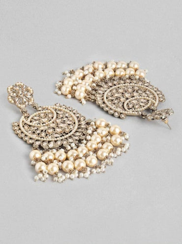 Rubans 22K Gold Plated Kundan Studded Handcrafted Long Chandbali with Cream-Colored Pearls