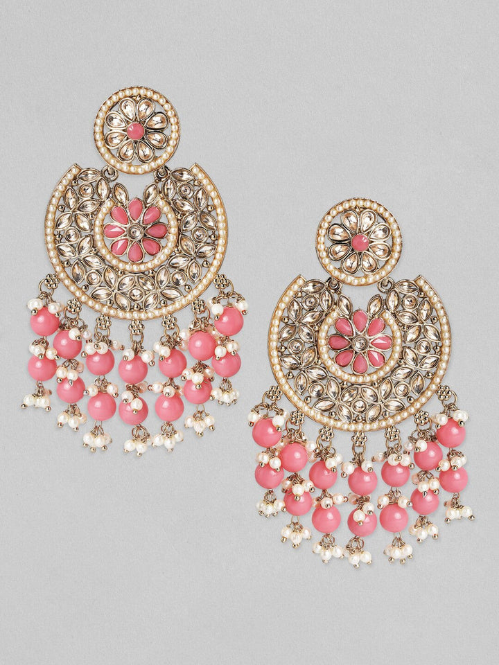 Rubans Gold Plated Handcrafted AD Studded & Pink Beads Chandbali Earrings Earrings
