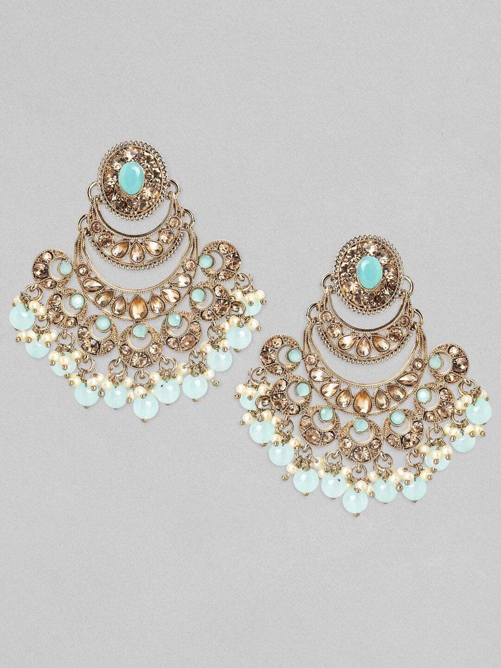 Rubans Gold Plated Handcrafted AD Studded & Sky Blue Beads Chandbali Earrings Earrings