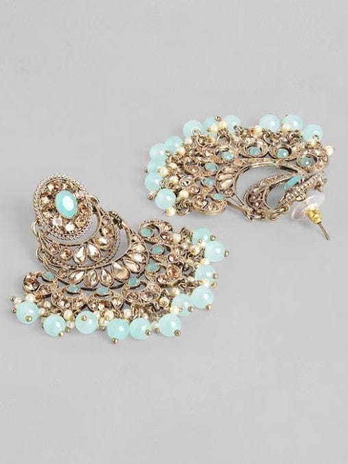 Rubans Gold Plated Handcrafted AD Studded & Sky Blue Beads Chandbali Earrings Earrings
