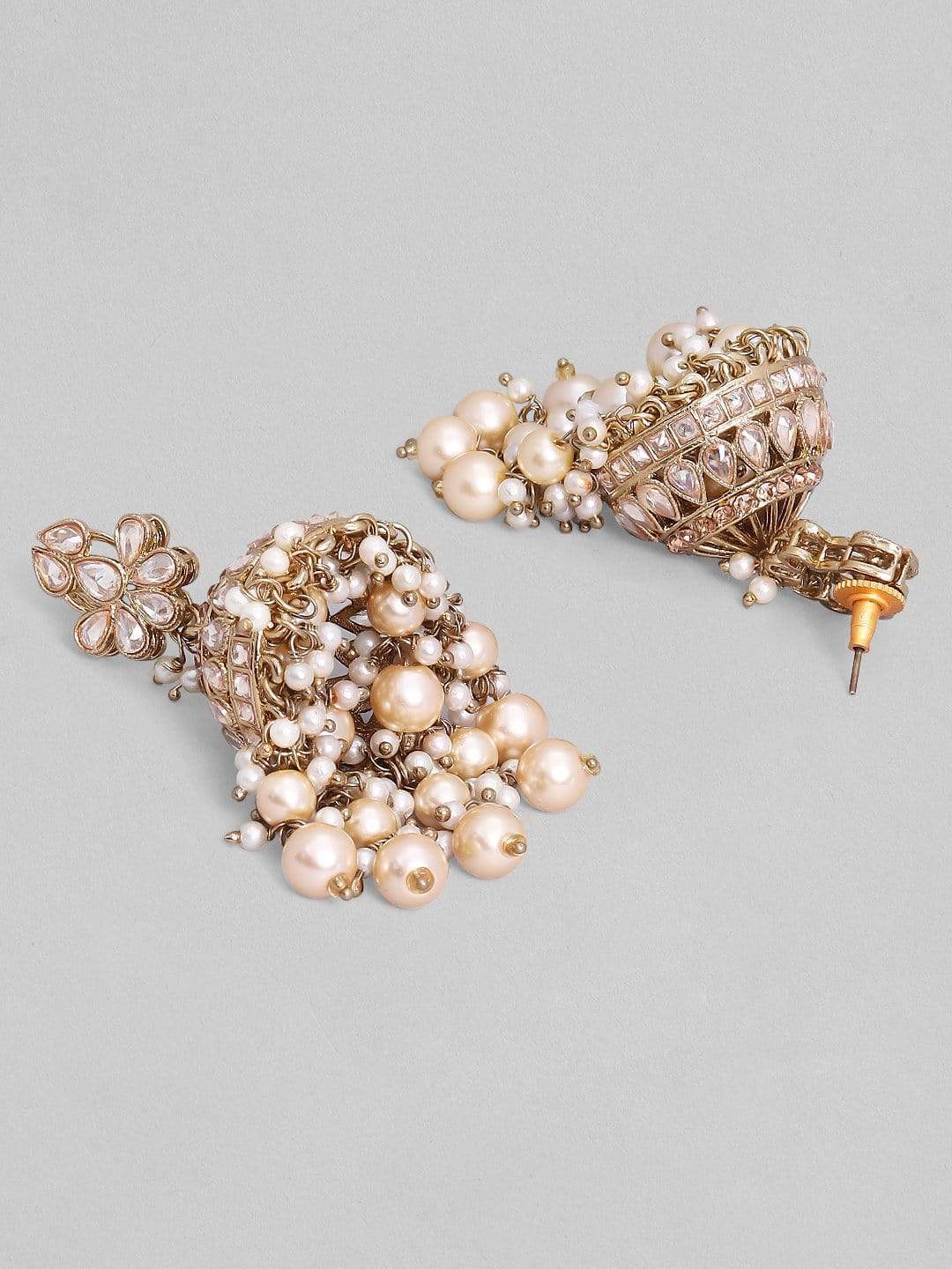 Rubans Gold Plated Handcrafted AD Studded & White Beads Jhumka Earrings Earrings