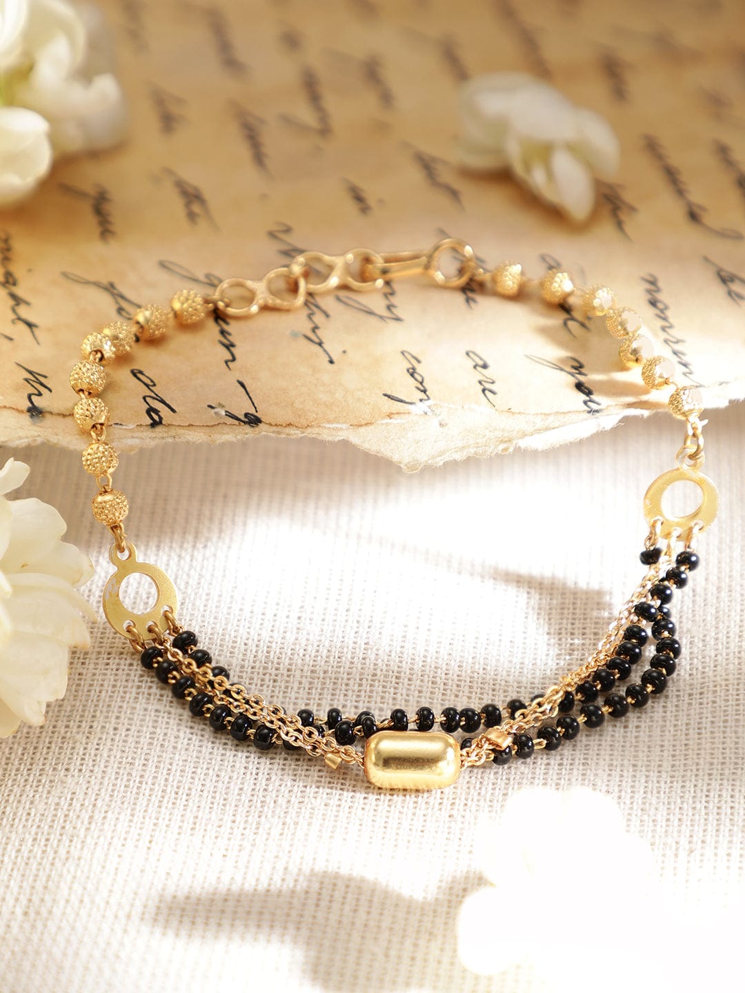 Rubans Gold Plated Handcrafted Black Beads Layered Bracelet Bangles & Bracelets