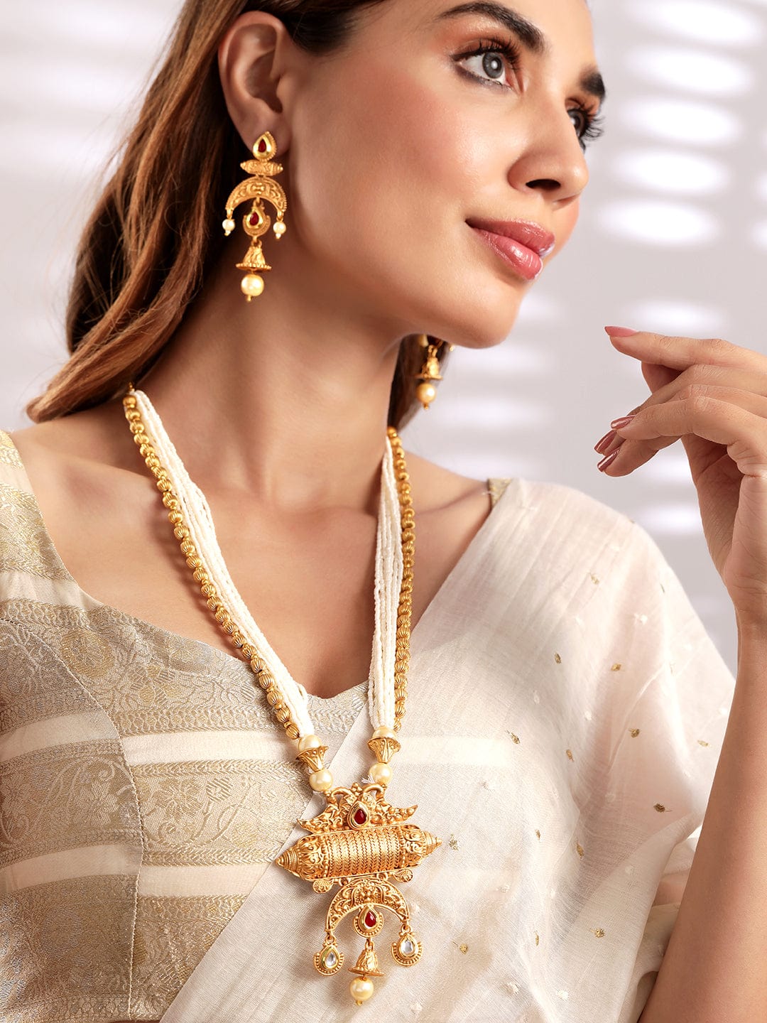 Rubans Gold Plated HandCrafted Elegant Pearl Embellished Multi- Strand Necklace Set Necklaces, Necklace Sets, Chains & Mangalsutra