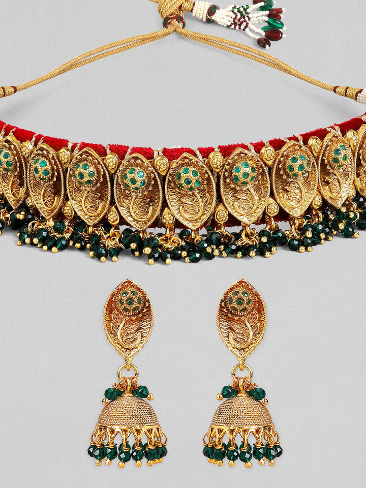 Rubans Gold Plated Handcrafted Green Stone Studded Beaded Floral Choker Set. Necklace Set