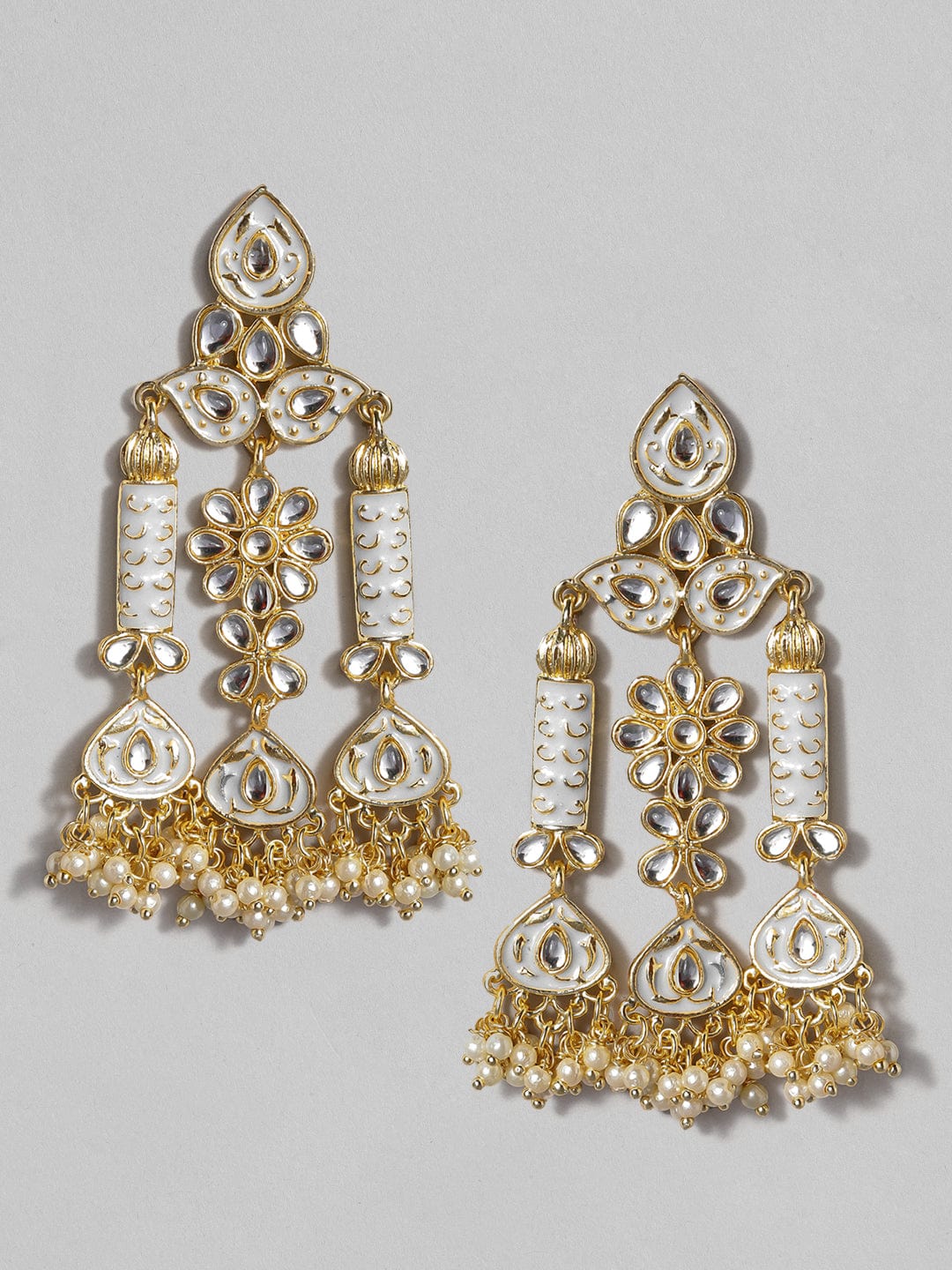 Rubans Gold Plated Handcrafted Grey Enamel with Kundan & Pearls Drop Earrings Earrings