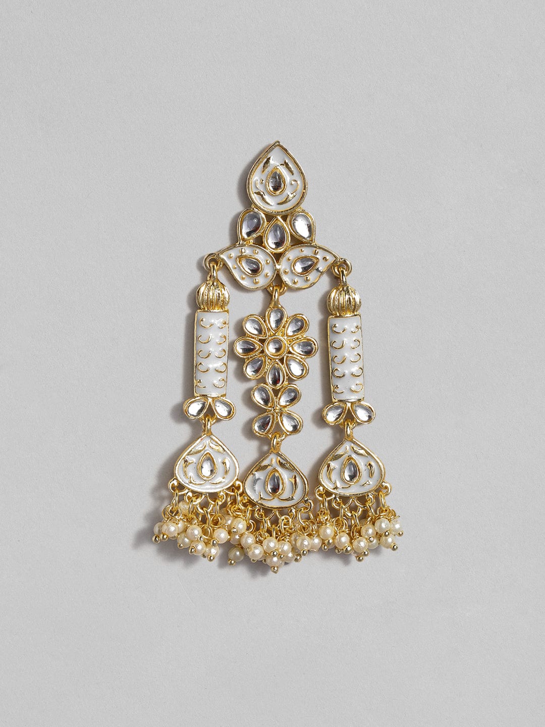 Rubans Gold Plated Handcrafted Grey Enamel with Kundan & Pearls Drop Earrings Earrings