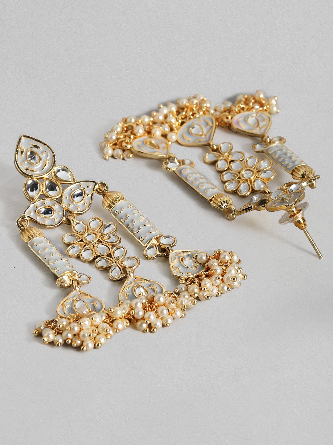 Rubans Gold Plated Handcrafted Grey Enamel with Kundan & Pearls Drop Earrings Earrings