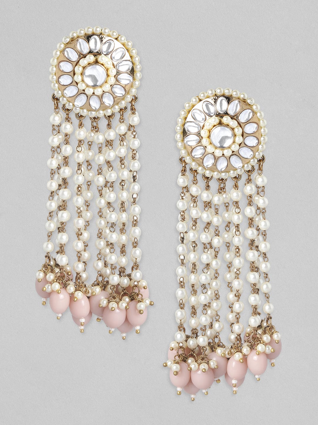 Rubans Gold Plated Handcrafted Kundan & Pink Beads Drop Earrings Earrings