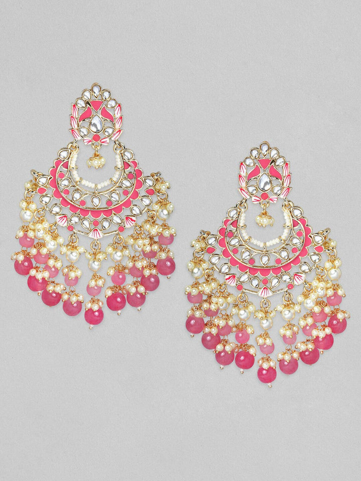 Rubans Gold Plated Handcrafted Kundan & Pink Enamelled Beads Chandbali Earrings Earrings
