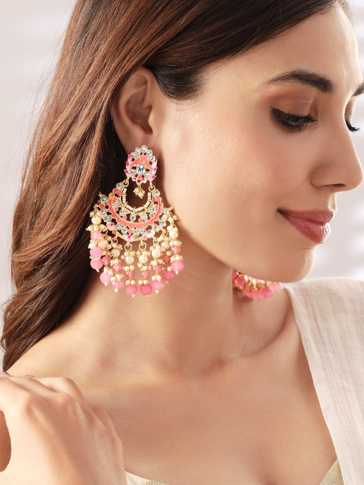 Rubans Gold Plated Handcrafted Kundan & Pink Enamelled Beads Chandbali Earrings Earrings