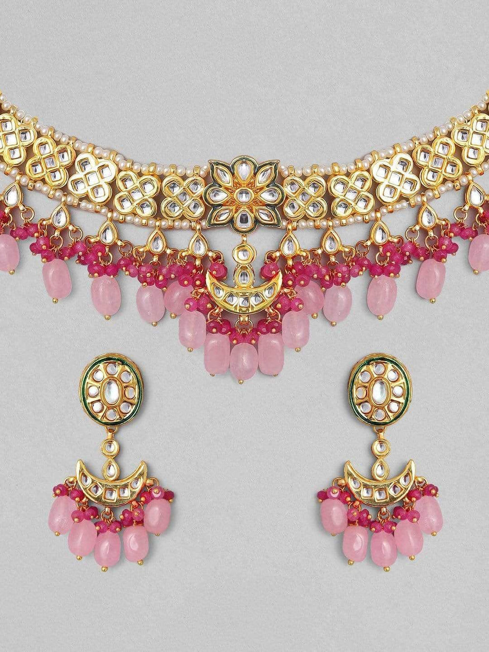 Rubans Gold Plated Handcrafted Kundan & Pink Gem Stone Choker Set Necklace Set