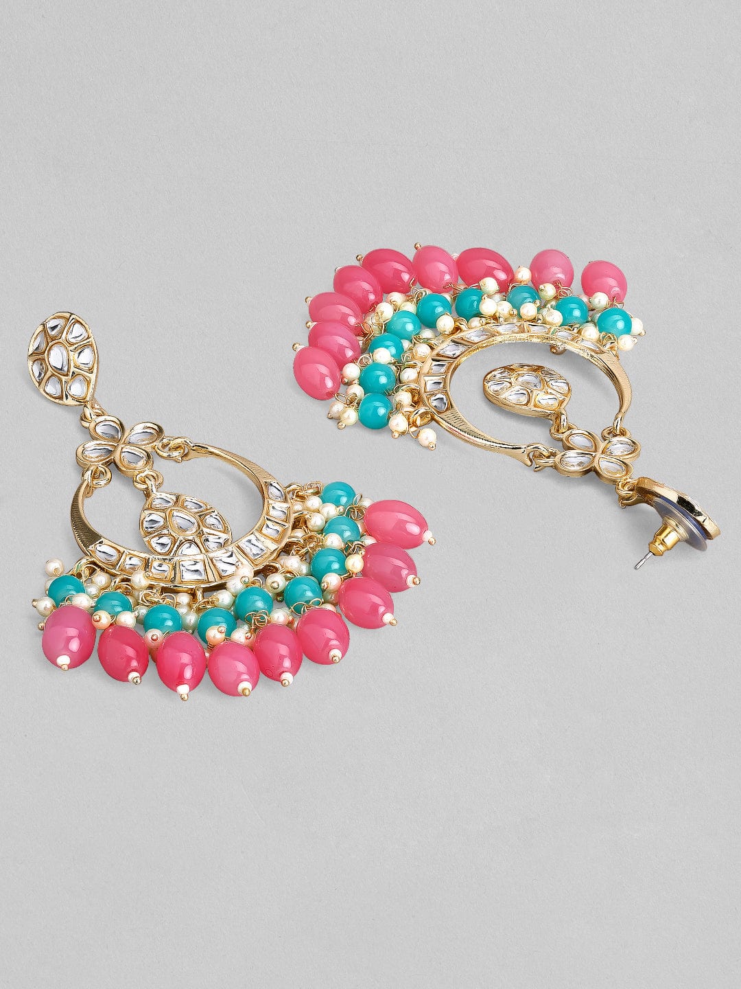 Rubans Gold Plated Handcrafted  Kundan Studded Pink And Blue Beaded Chandbali Earrings Earrings