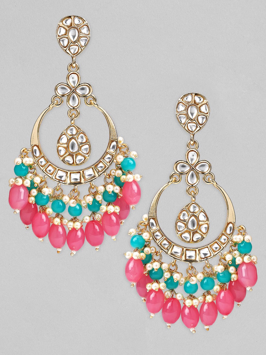 Rubans Gold Plated Handcrafted  Kundan Studded Pink And Blue Beaded Chandbali Earrings Earrings
