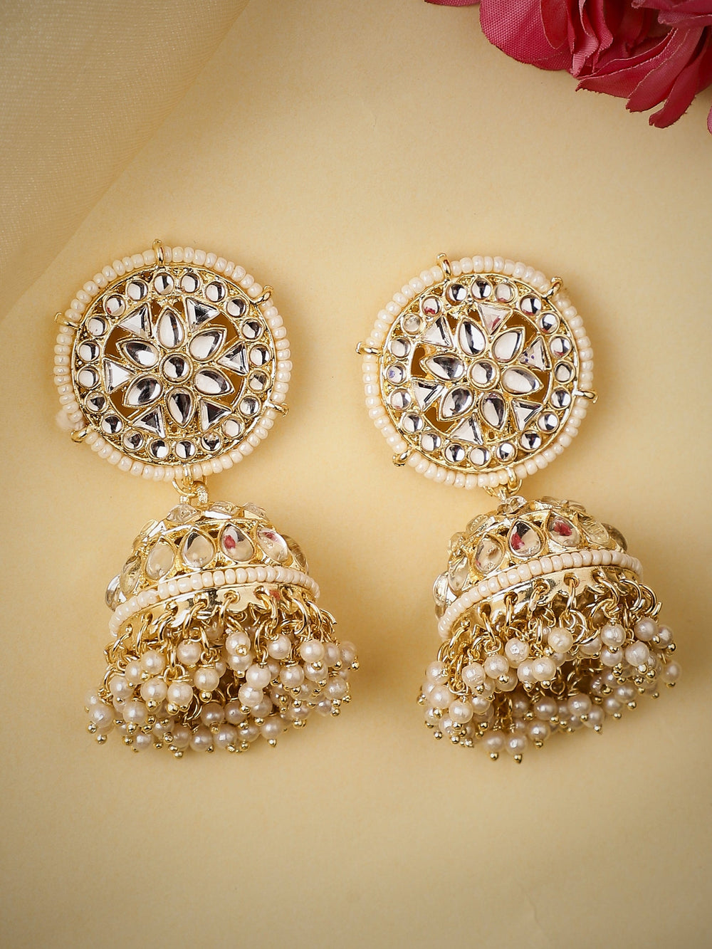 Rubans Gold Plated Handcrafted Kundan & White Perals Jhumka Earrings Earrings