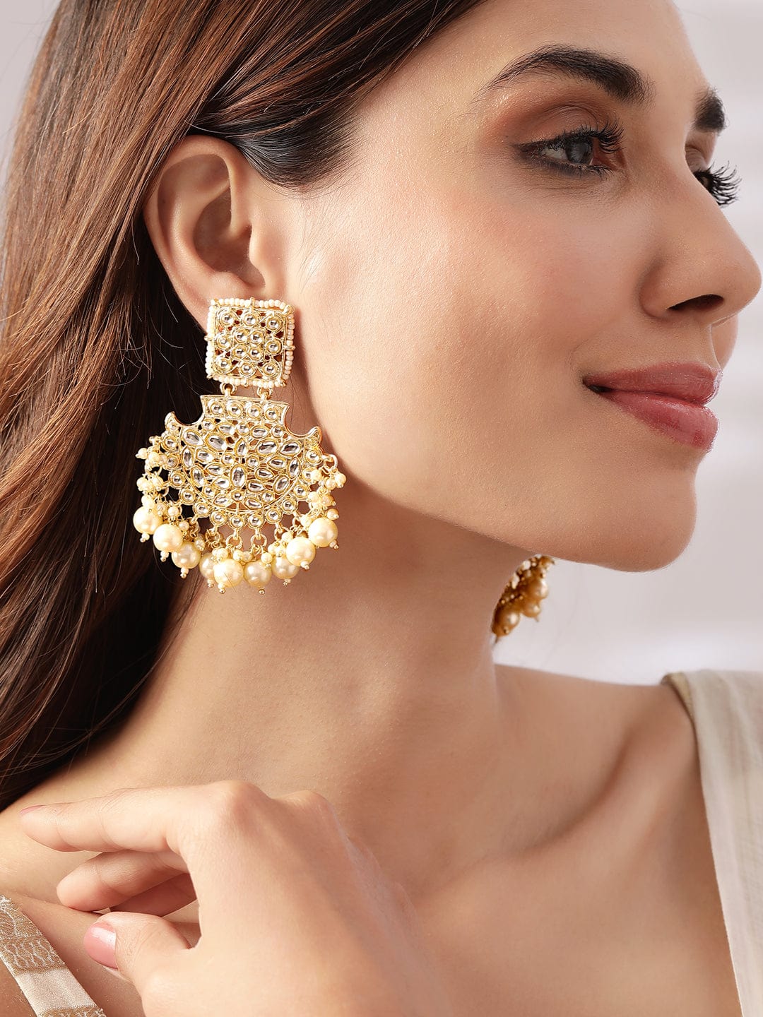 Rubans Gold Plated Handcrafted Kundan with Pearls Chandbali Earrings Earrings