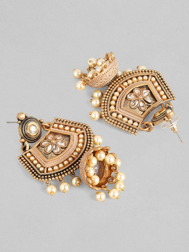 Rubans Gold Plated Handcrafted Kundan with Pearls Chandbali Jhumka Earrings Earrings