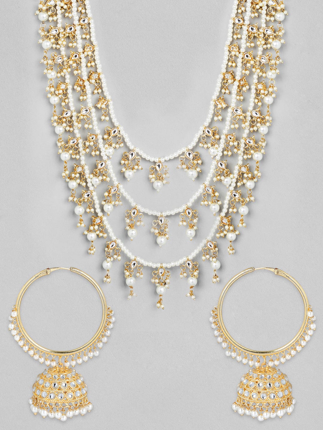 Rubans Gold Plated Handcrafted Kundan with White Pearls Layered Necklace Set Necklace Set