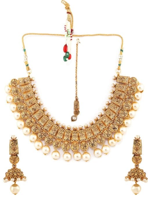 Shop Rubans Gold Plated Handcrafted Traditional Rhinestone Necklace Set  With Maang Tikka Online at Rubans