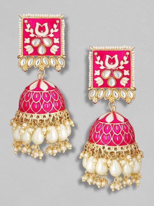 Rubans Gold Plated Handcrafted Yellow Enamel Statement & Pearls Jhumka Earrings Earrings