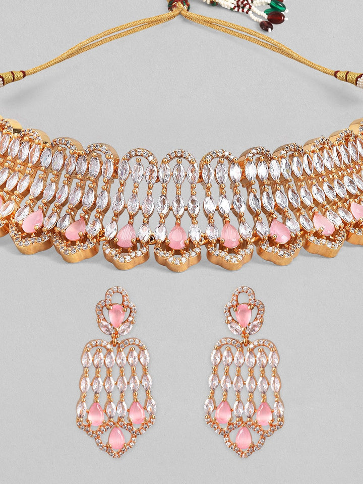 Rubans Gold Plated Handcrafted Zircon & Pink Crystal Studded Choker Set. Necklace Set