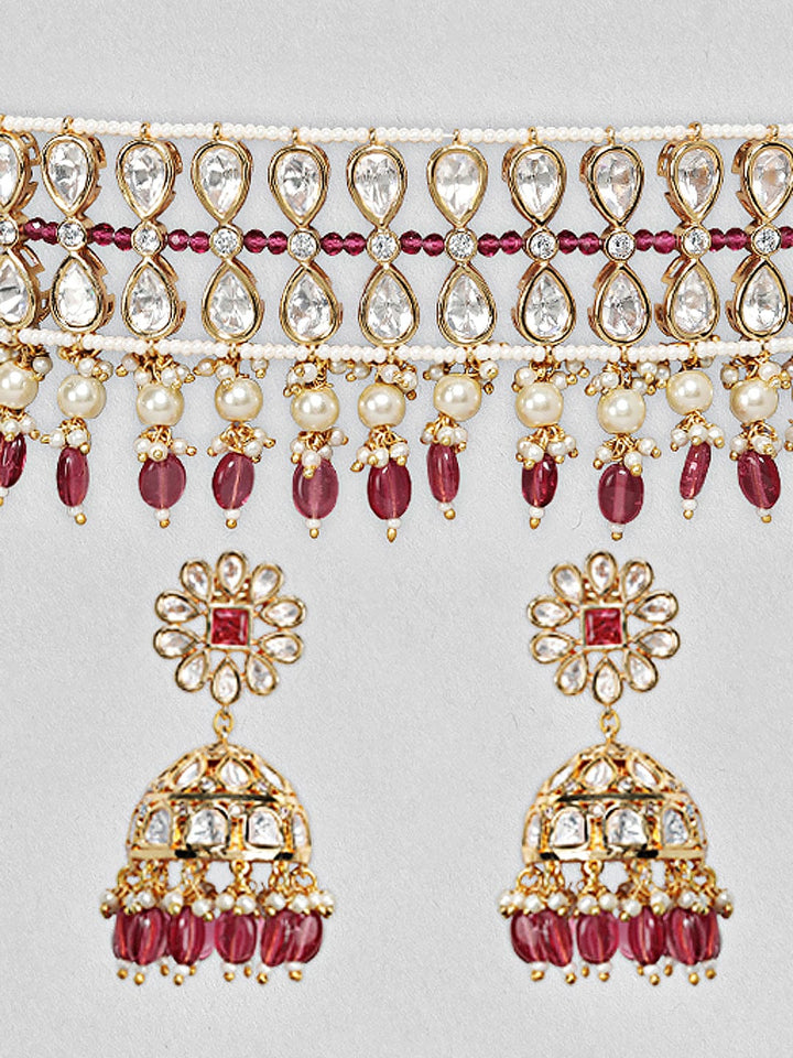 Rubans Gold Plated Kundan Choker Set With Red Beads And Pearls Necklace Set