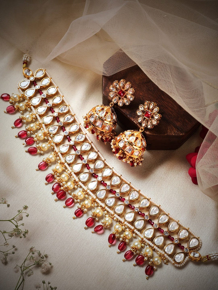 Rubans Gold Plated Kundan Choker Set With Red Beads And Pearls Necklaces, Necklace Sets, Chains & Mangalsutra