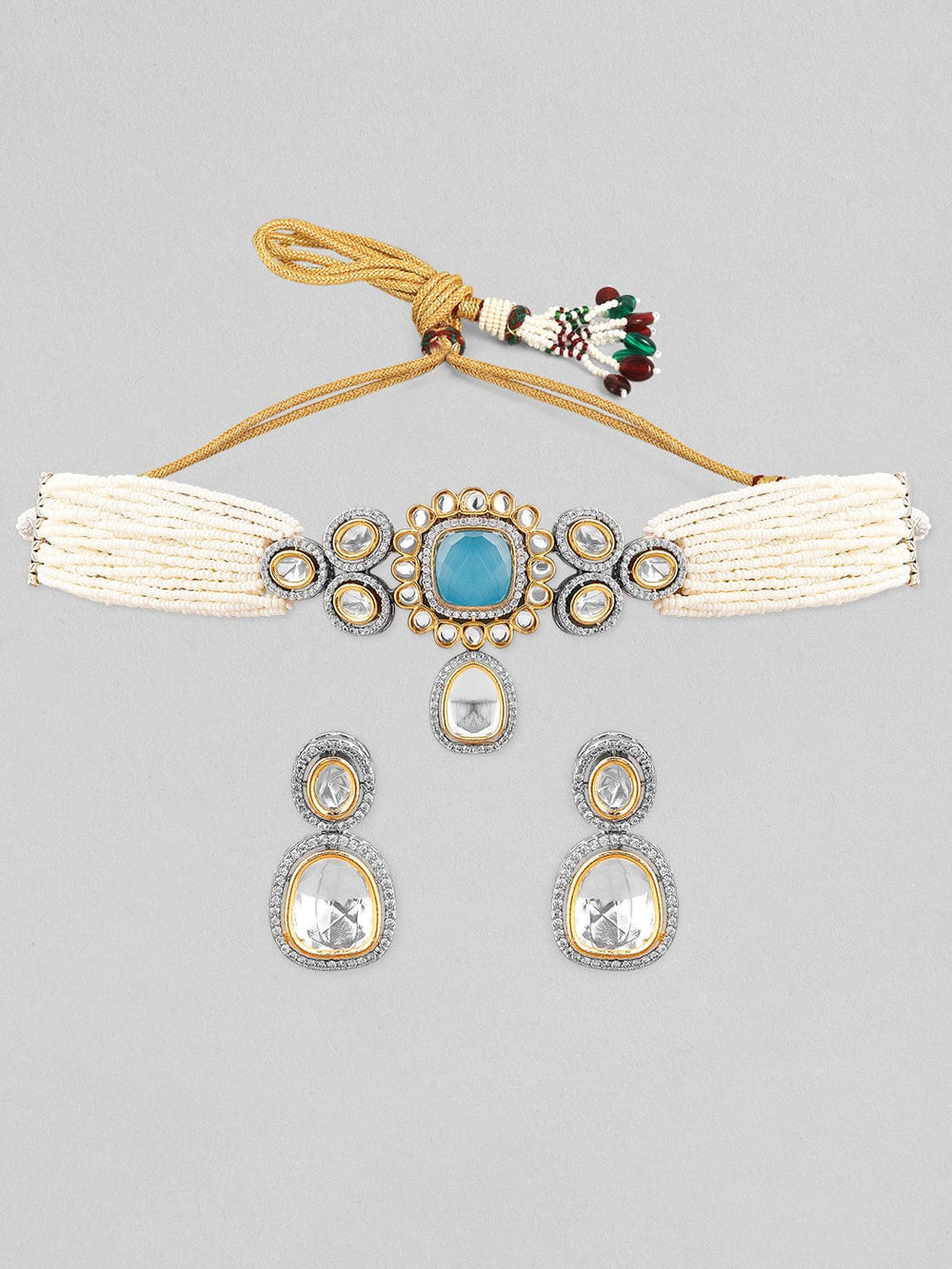 Rubans Gold Plated Kundan Choker Set With White Beads And Blue Stones Necklace Set