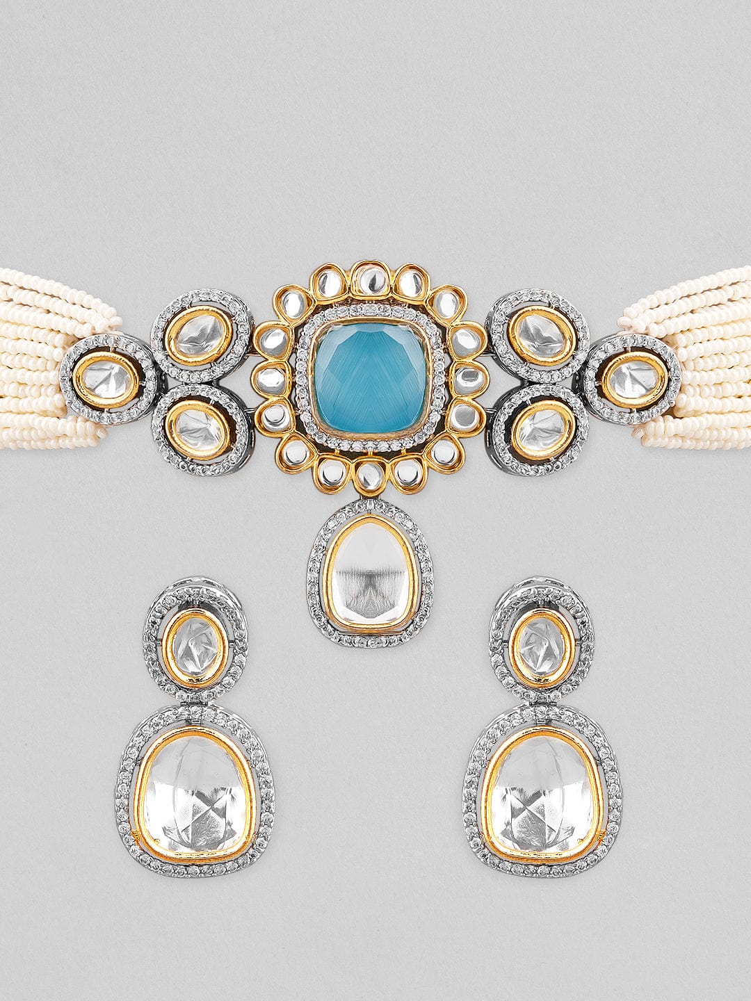 Rubans Gold Plated Kundan Choker Set With White Beads And Blue Stones Necklace Set