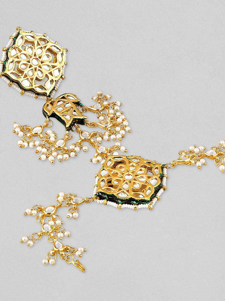 Rubans Gold Plated Kundan Hathphool With Pearls Design. Rings