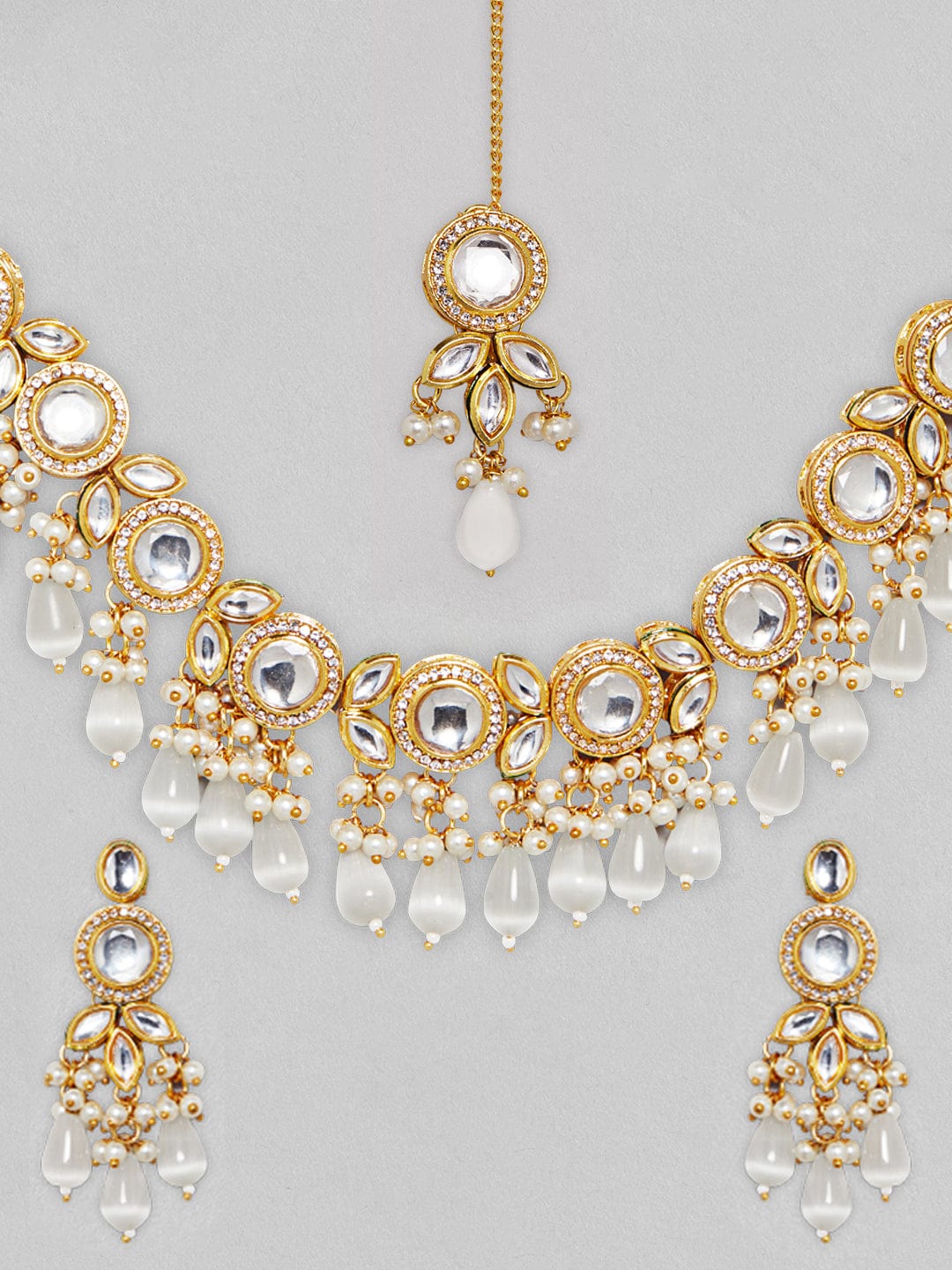 Rubans Gold Plated Kundan Necklace Set With Off White Colour Beads Necklace Set