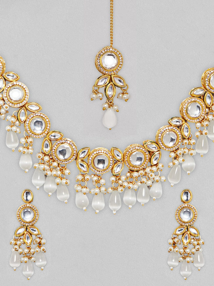 Rubans Gold Plated Kundan Necklace Set With Off White Colour Beads Necklace Set