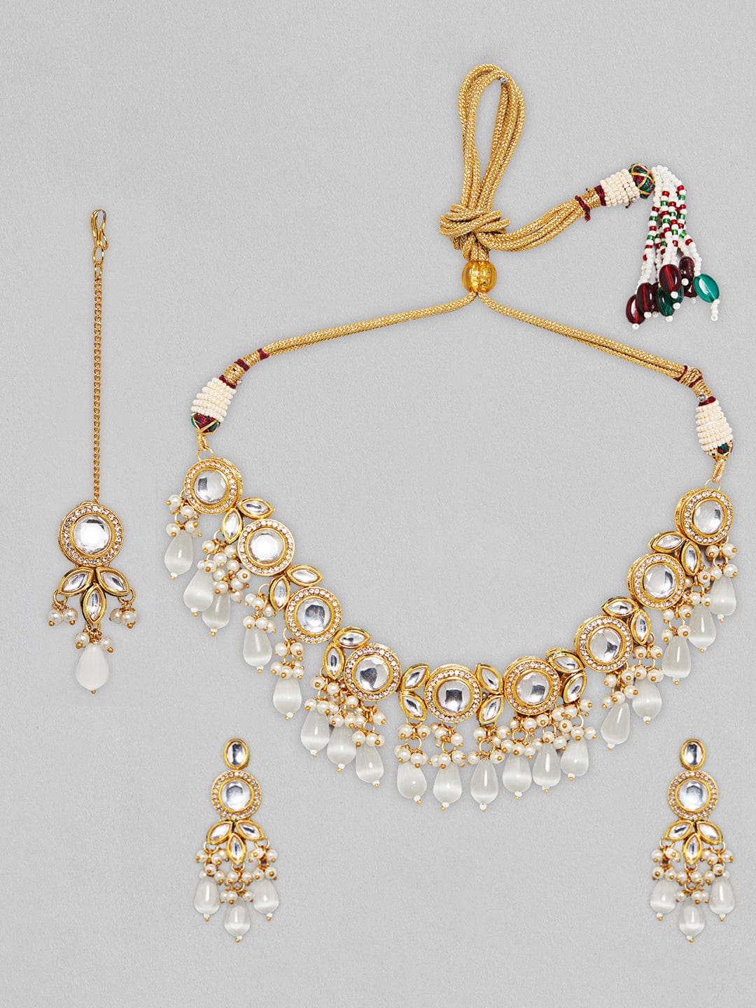 Rubans Gold Plated Kundan Necklace Set With Off White Colour Beads Necklace Set