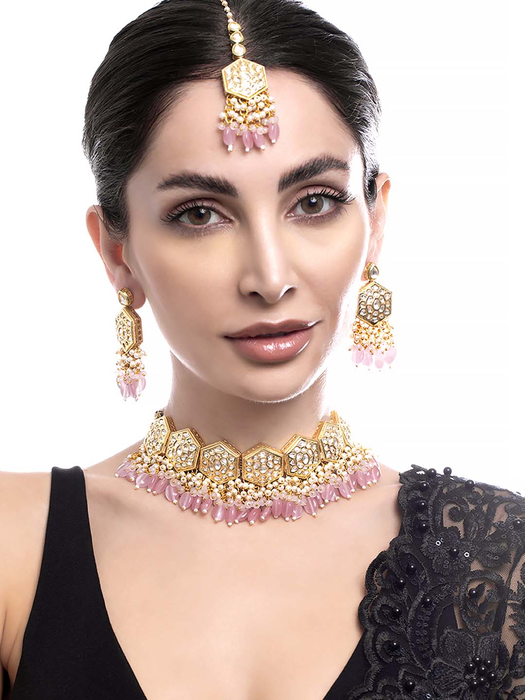 Rubans Gold Plated Kundan Necklace Set With Pastel Pink Beads And Pearls Jewellery Sets