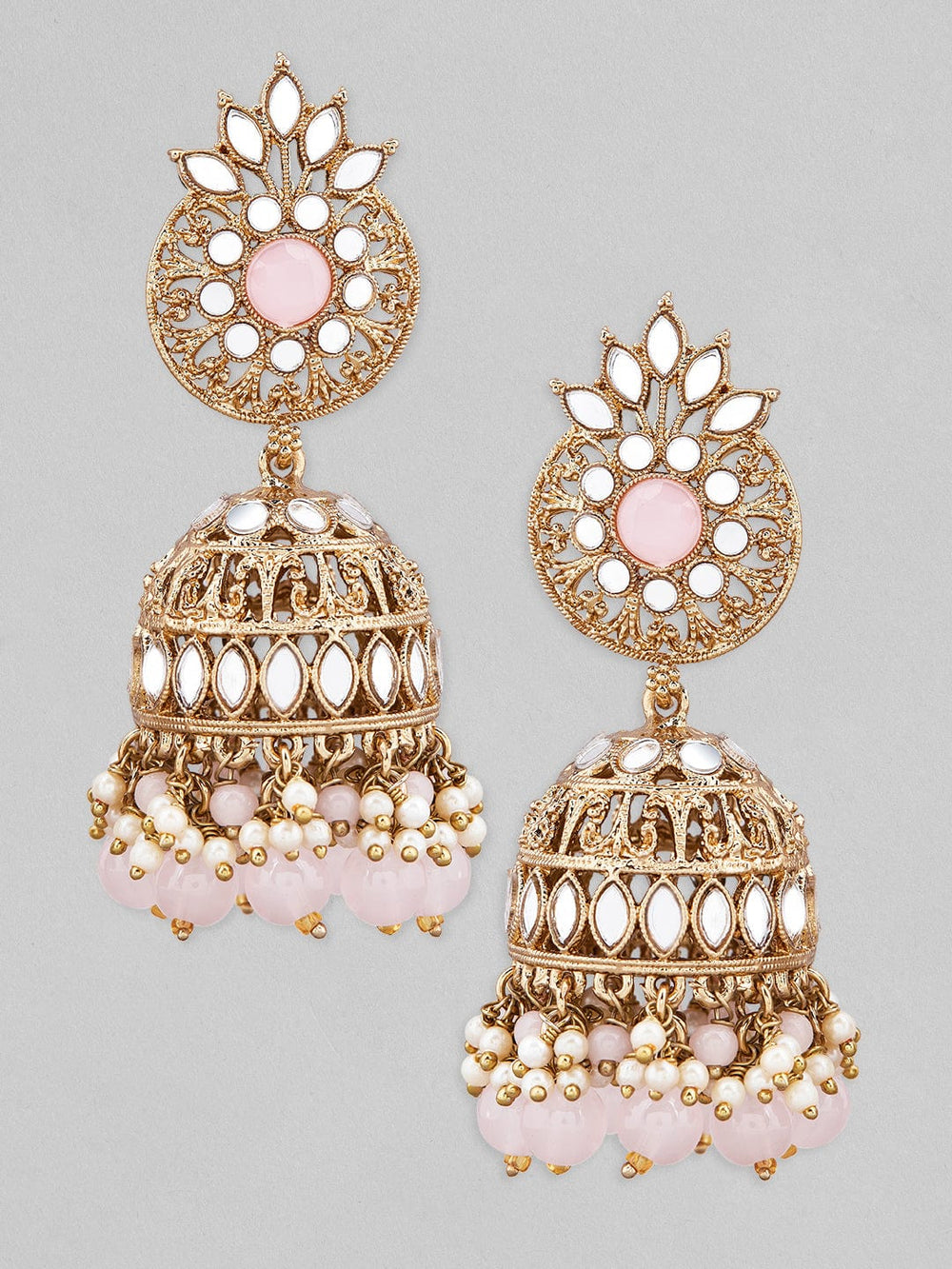 Rubans Gold Plated Mirror Studded Jhumki Earrings With Pastel Pink Beads. Earrings