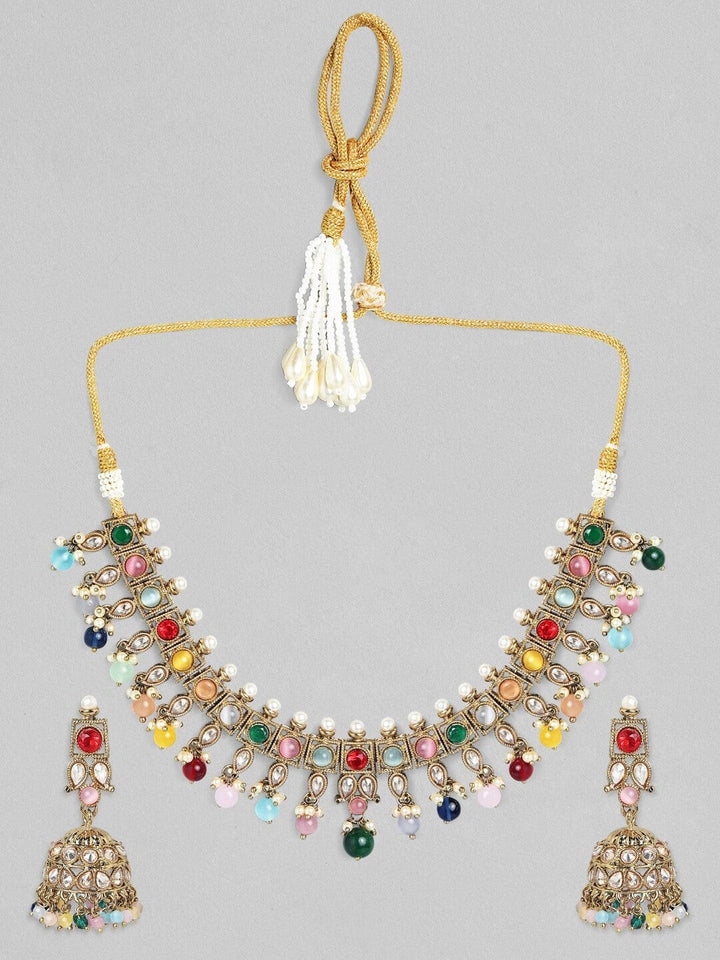 Rubans Gold Plated Multicolor Stone Studded with Beads Necklace Set Necklace Set