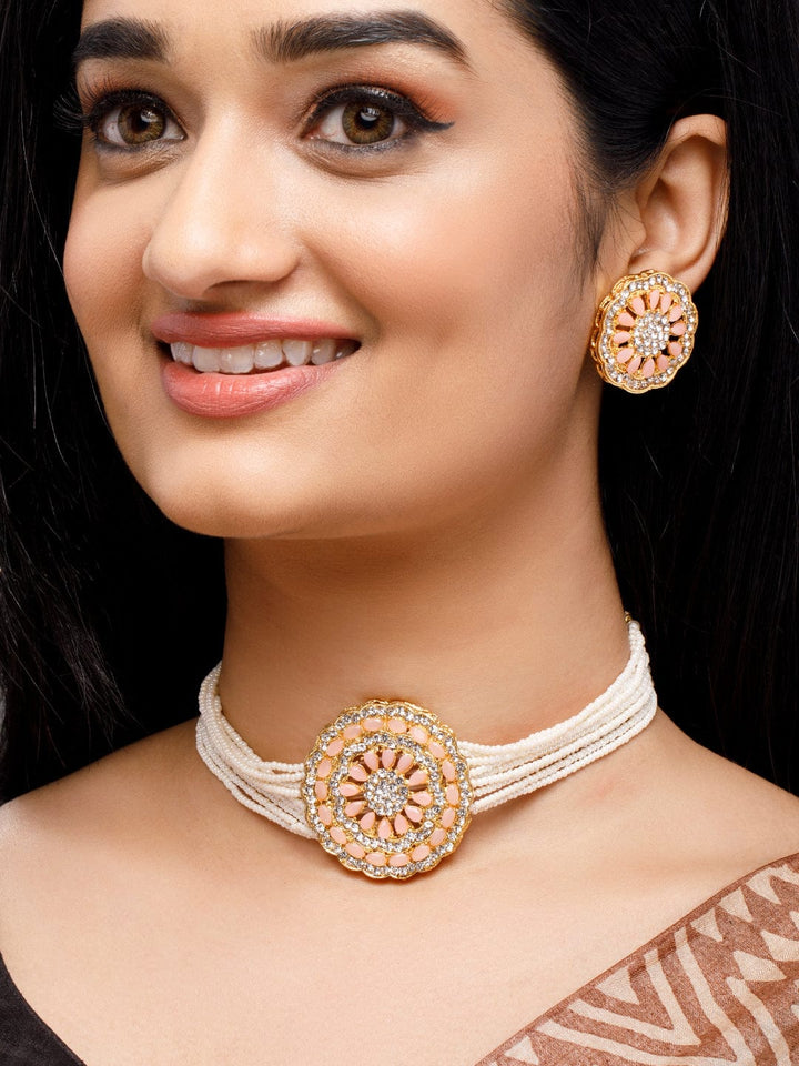 Rubans Gold-Plated Orange Stone-Studded Cream Beaded Jewellery Set Necklaces, Necklace Sets, Chains & Mangalsutra