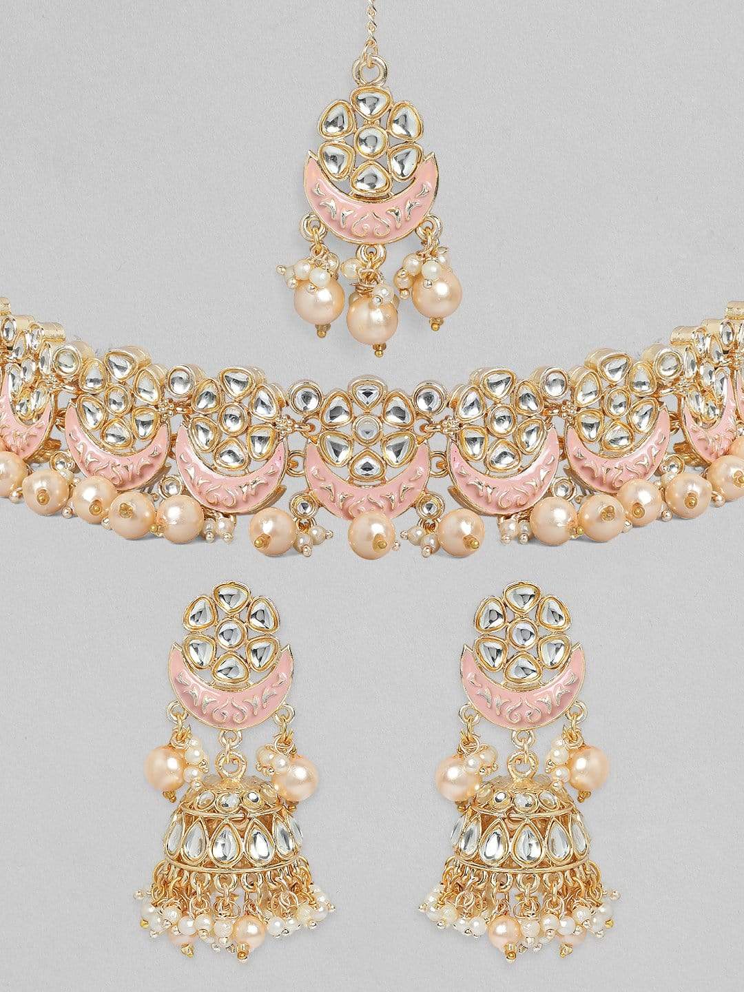 Rubans Gold Plated Peach Pink Enamel Beaded Necklace Set Necklace Set