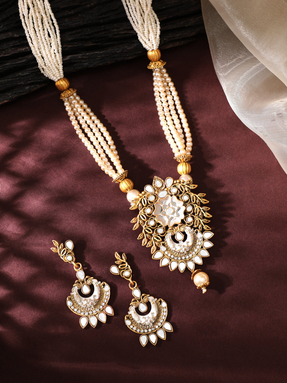 Rubans Gold Plated Pearl Beaded Mirror Studded Necklace Set. Necklaces, Necklace Sets, Chains & Mangalsutra