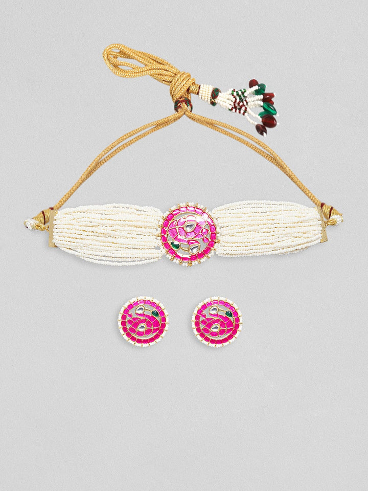 Rubans Gold Plated Pink And Green Enamelled Choker Set With White Beads Necklace Set