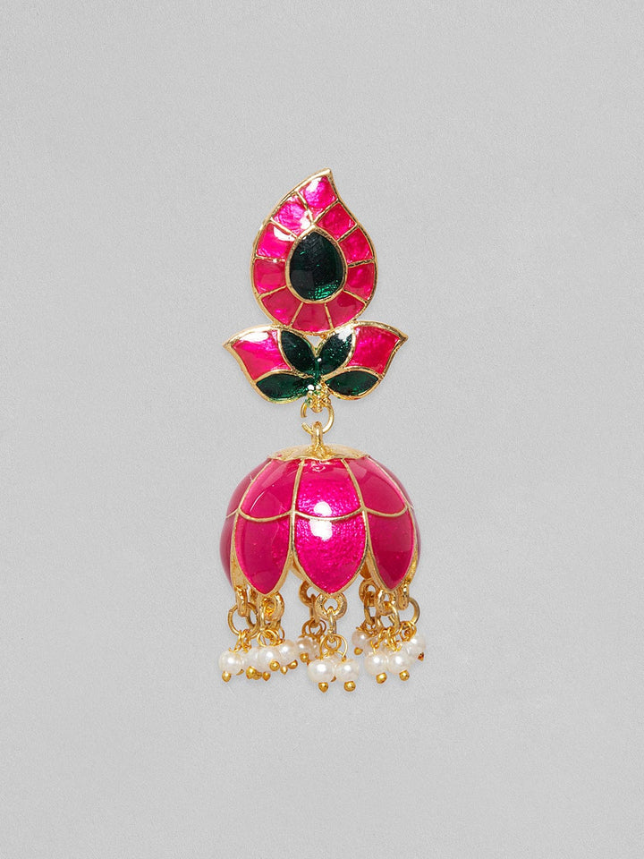 Rubans Gold Plated Pink And Green Enamelled Drop Earrings With White Beads Earrings