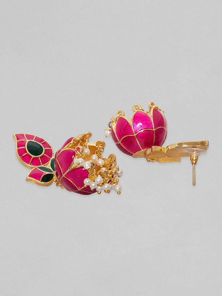 Rubans Gold Plated Pink And Green Enamelled Drop Earrings With White Beads Earrings