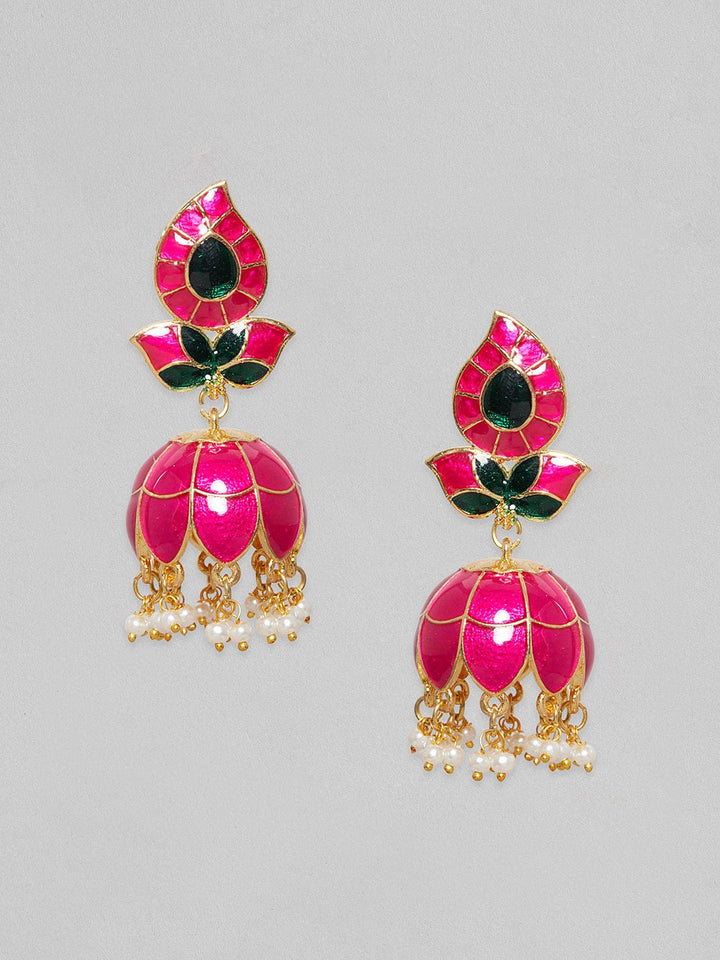 Rubans Gold Plated Pink And Green Enamelled Drop Earrings With White Beads Earrings