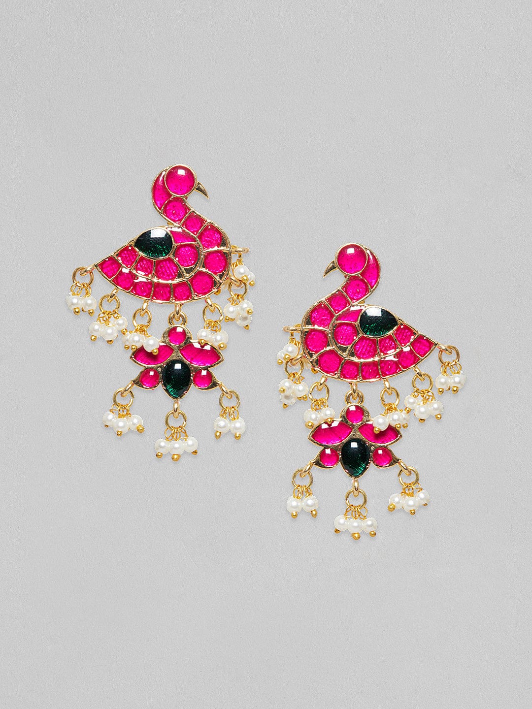 Rubans Gold Plated Pink And Green Enamelled Earrings With Peacock Design Earrings