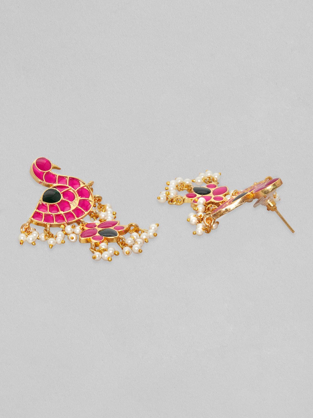 Rubans Gold Plated Pink And Green Enamelled Earrings With Peacock Design Earrings