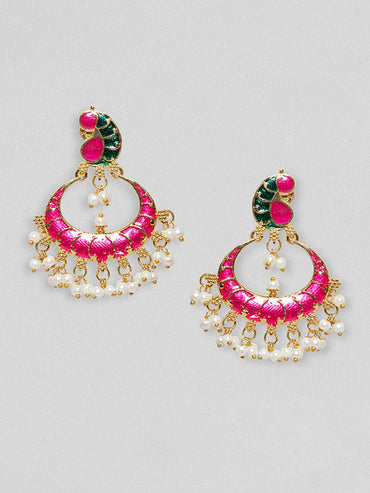 Rubans Gold Plated Pink And Green Enamelled Earrings With Peacock Design Earrings
