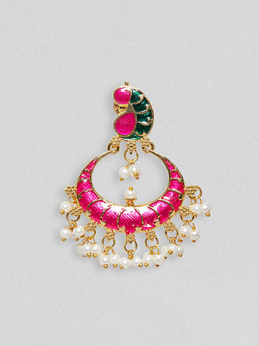 Rubans Gold Plated Pink And Green Enamelled Earrings With Peacock Design Earrings