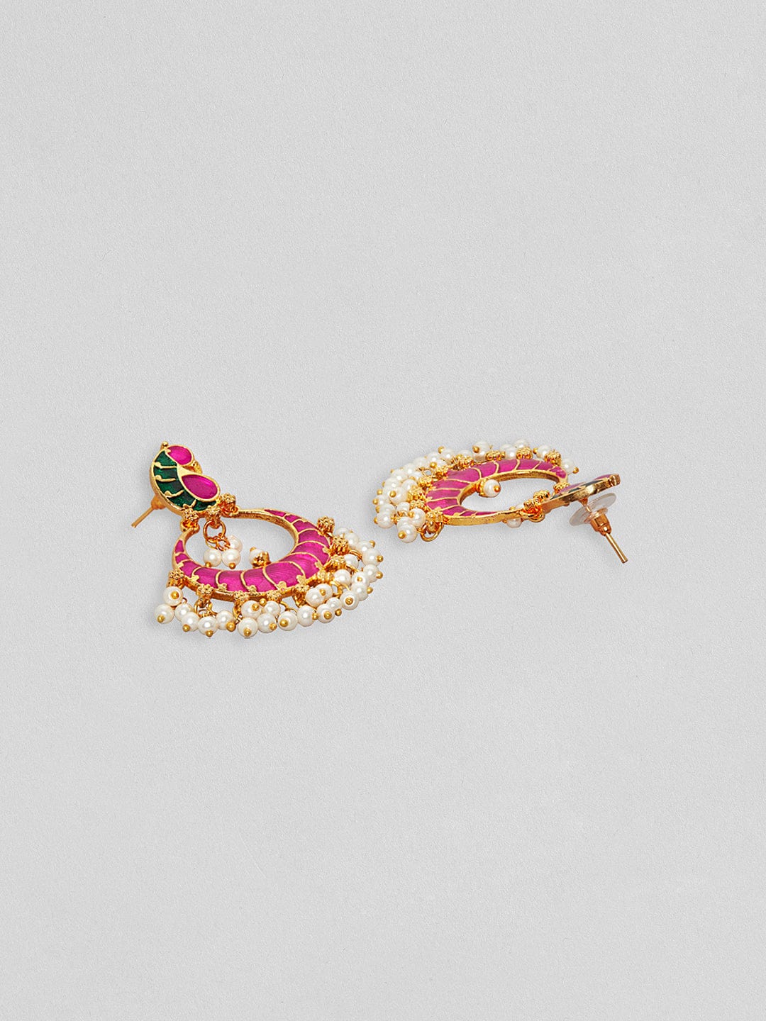 Rubans Gold Plated Pink And Green Enamelled Earrings With Peacock Design Earrings