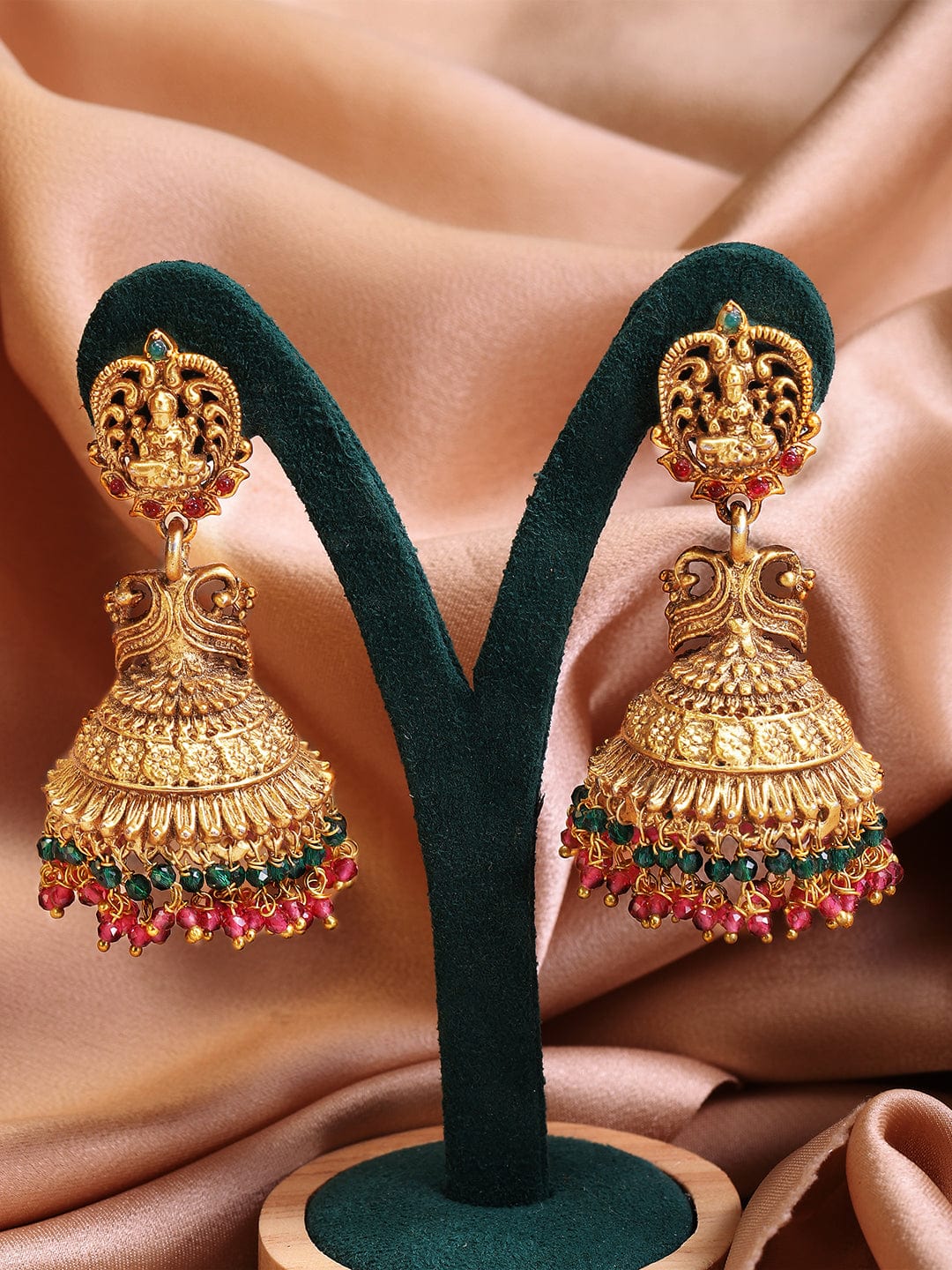 Rubans Gold Plated Pink & Green Beads Hangings Jhumka Earrings Set. Earrings