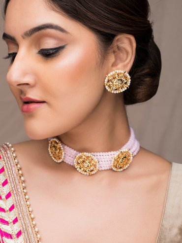 Rubans Gold-Plated Pink Stone-Studded Beaded Jewellery Set Jewellery Set